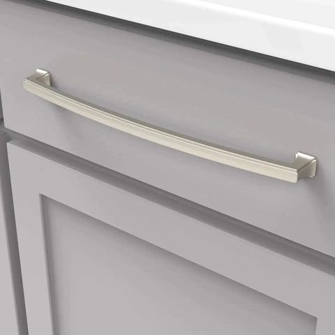 Solid Core Kitchen Cabinet Pulls in Satin Nickel 12 Inch Hole Center Bridges Collection mounted on gray kitchen cabinet