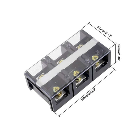Dual Row 3 Position Wire Barrier Block Terminal Strip 600V 100A with removable clear insulating cover, front view with dimensions