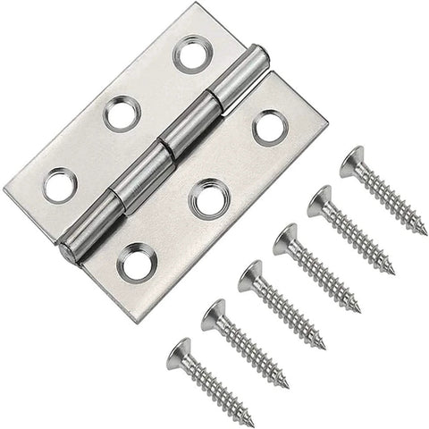 Two-inch stainless steel folding hinge with six mounting screws for wooden boxes and small crafts