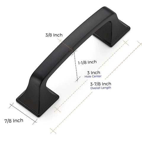 3 Inch Square Cabinet Pulls In Matte Black Arch Design for kitchen cabinets, featuring 3/8 inch width, 7/8 inch height, 3 inch center spacing.