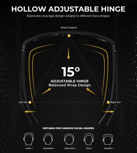 Diagram of Polarized Sunglasses For Men With UV400 Protection, Lightweight And Durable, Built For Driving, Fishing, And Golf, illustrating adjustable hinge design.