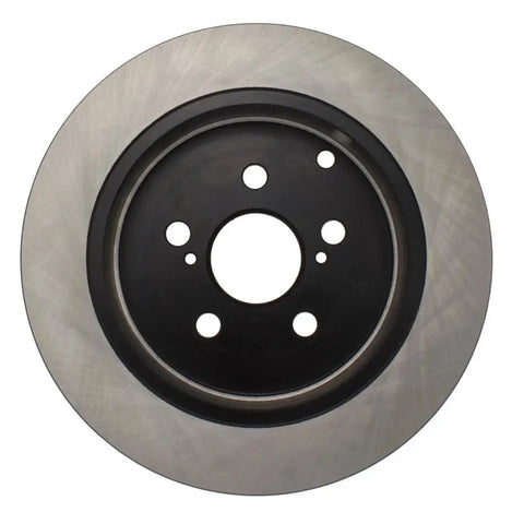 Centric Premium rear brake rotor, front view, silver rotor surface with black center hub and bolt holes