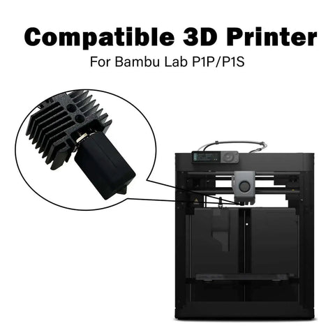 P1P P1S Hotend Assembly Extruder Printhead Kit For Bambu Lab 3D Printer shown installed, featuring heatsink and heater cartridge.