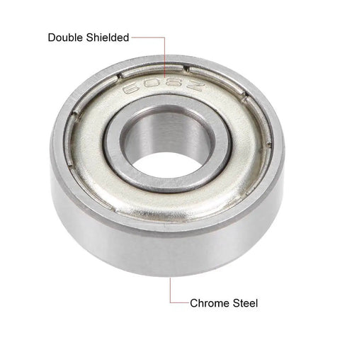 Image showing 608ZZ Deep Groove Double Shielded Ball Bearing 8x22x7mm, chrome steel ABEC 1, highlighting double shielding and material.