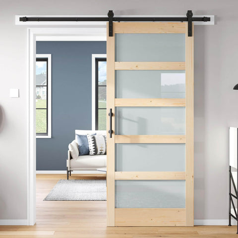 36 By 84 Inch Glass Sliding Barn Door Slab With 6.6 Foot Hardware Kit Included, 5 Panel Frosted Glass, installed view