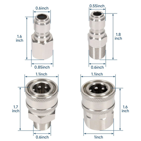 3/8 in stainless steel pressure washer quick-connect fittings set with NPT male and female adapters, four views.