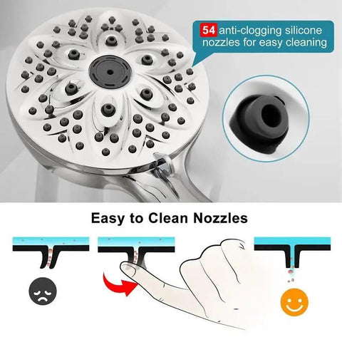 Close-up of 6-Setting Handheld Shower Head In Chrome With 59 Inch Hose And Adjustable Holder, highlighting easy-clean nozzles.