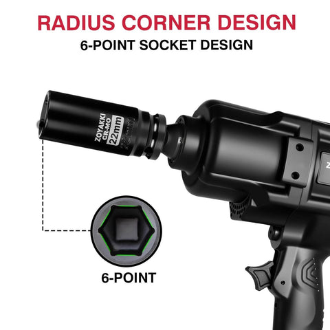 Deep 22 Millimeter 6 Point Impact Socket For One Half Inch Drive In Chromoly Steel attached to pneumatic tool, side view.