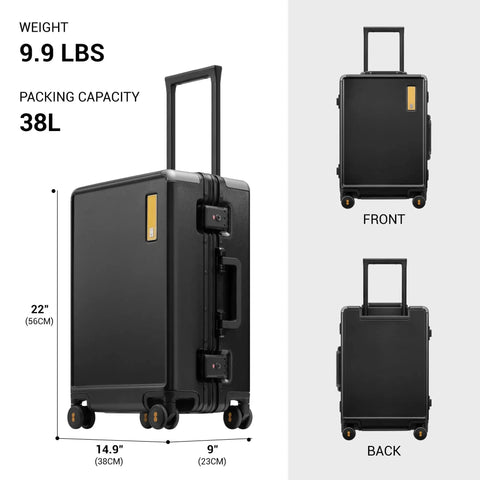 Zipperless Carry On Luggage With Aluminum Frame And Hard Shell Airline Approved 20 Inch Black Spinner Suitcase, front and back view.