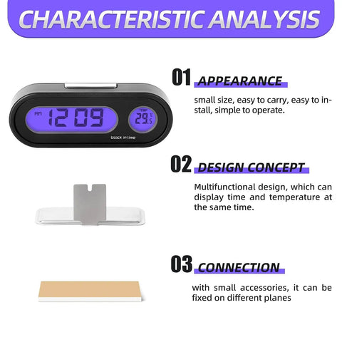 Car Digital Temperature And Time Clock With LCD Backlight And Celsius Readout, showcasing design, accessories, and function.