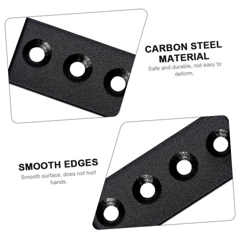 Close-up of heavy duty black metal track connection plate for sliding barn door, showing carbon steel material and smooth edges.