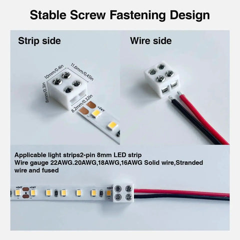 Two Pin 8mm LED Strip Connector With 32.8Ft Wire, Screw Terminal Quick Connectors For 5V 12V 24V COB Tape Light, 15 Pack, No Soldering Needed, IP65 Waterproof Compatible Strip Light Accessories displayed
