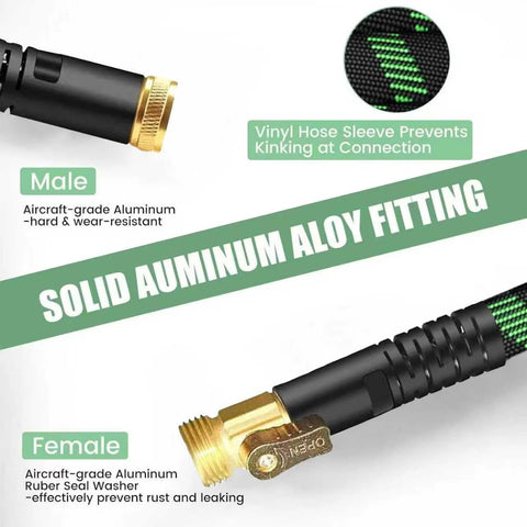 Amazon HIGH QUA non-expanding garden hose with green braided fabric and brass male/female connectors