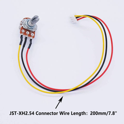 Three 1K Ohm Linear Taper Rotary Potentiometers with 3 Pin XH2.54 3P Connector and 200mm wiring, top view
