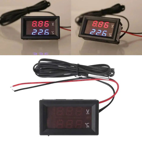 2 In 1 Car Thermometer And Voltmeter With LED Display For 12 To 24 Volt Vehicles showing red and blue digital readings