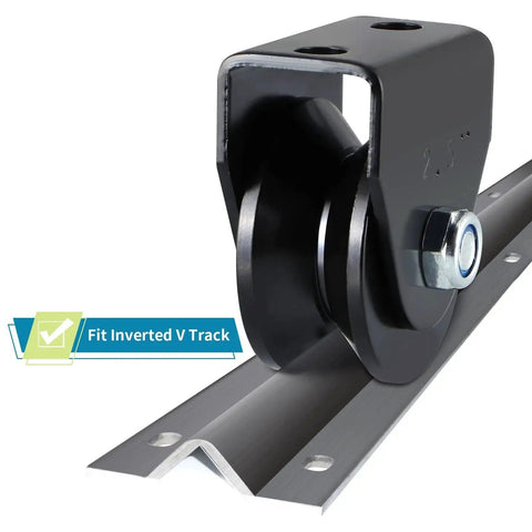 Four Pack V Groove Caster Two Point Five Inch Wheel Sliding Gate Wheel Rigid Caster For Rolling Gates And Fences Sawmill Use Heavy Duty Seven Hundred Seventy Two Pound Load Capacity Per Caster Ideal For Heavy Use In Outdoor Environments And Shop shown installed on V track