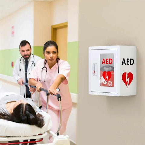 Sturdy Steel AED Cabinet Wall Mount With Clear PVC Window and Integrated Handle in hospital corridor for easy defibrillator access