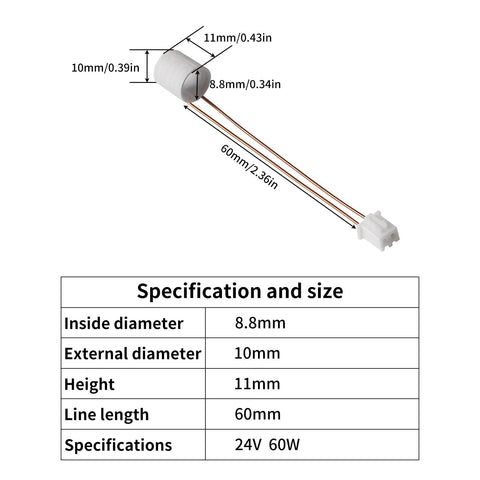 K1 Max hot end replacement ceramic heater, 24V 60W, 8.8mm ID 10mm OD, 60mm leads, white connector