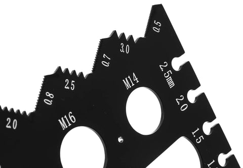 Close-up of Dual Metric And Imperial Thread Pitch Gauge Set With Carrying Case Two Pack, Metal Construction With Laser Etched Scales.