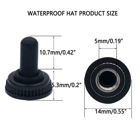 Waterproof cap dimensions for Mini Momentary Toggle Switch SPDT 3 Position On Off On Waterproof Cap, showing size in inches.