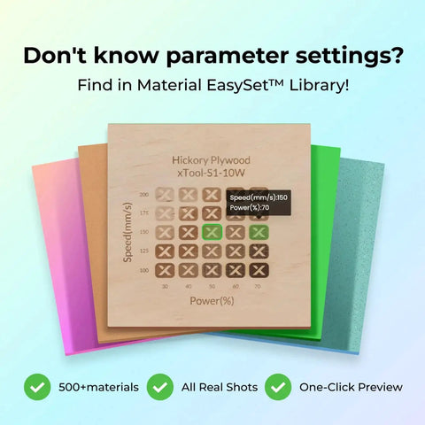 Material settings library card showing hickory plywood with color-coded speed and power settings on colorful background