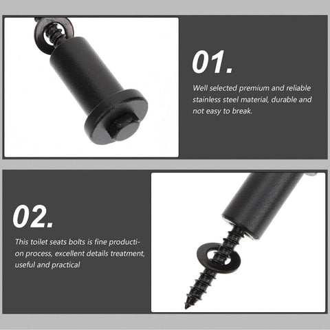 Close-up of stainless steel toilet seat bolts with threaded design and black finish.