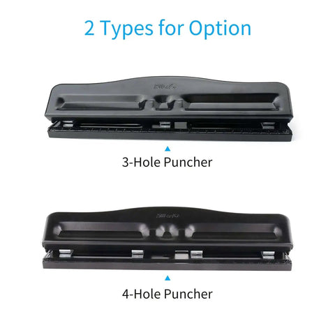 Compact Handheld 3 Hole Puncher With Metal Body, Adjustable 3 Or 4 Hole Spacing And 7mm Aperture, two options shown
