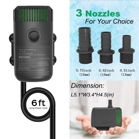 Knifel submersible pump with 6 ft cord and 3 nozzle adapters for fountains, ponds, hydroponics, aquariums.