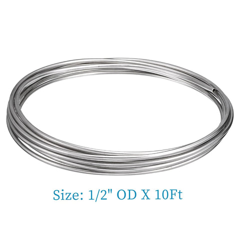 Stainless steel tubing coil, 1/2 in OD x 10 ft, 304 welded stainless steel tubing