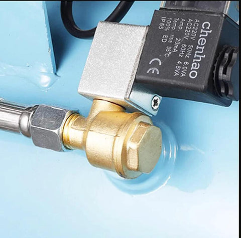 Brass 3-port air compressor check valve with G1/8, G3/8, G1/2 fittings attached to a solenoid valve.