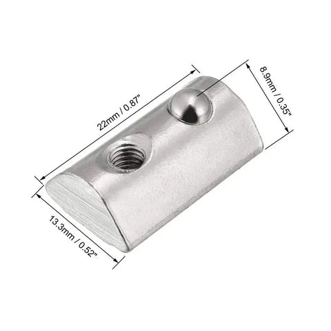Roll-In Spring M4 T Nut for 4040 Aluminum Extrusion, Ball-Driven Elastic T-Slot Nut for 8mm Groove Depth, nickel-plated steel