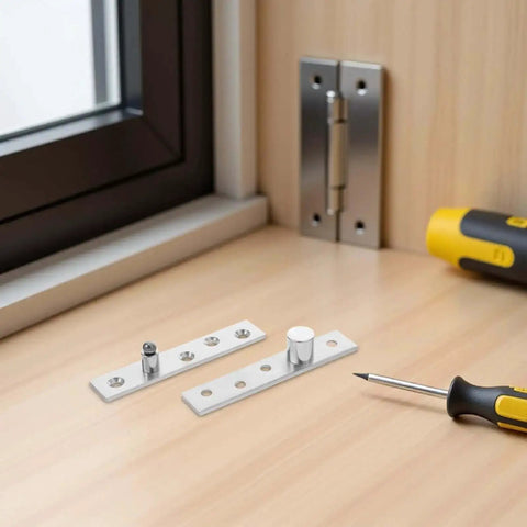 2 Pack Stainless Steel Hidden Door Hinges With 360 Degree Pivot And Hush Quiet Operation, shown on a wooden surface with tools.