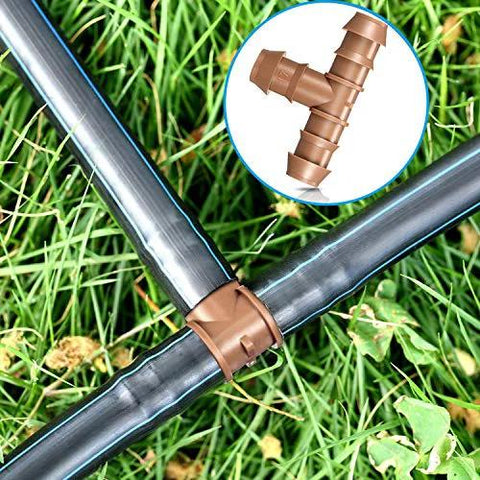 Boao 1/2 in barbed irrigation fittings kit on tubing; side view shows brown fitting installed on gray tubing in grass
