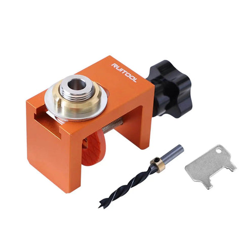 Pro Grade Pocket Hole Jig Kit With Integrated Scale For Precise Hole Placement, orange aluminum alloy tool with drill bit.