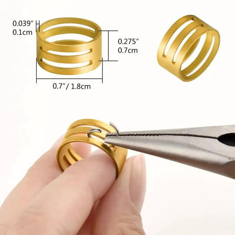All In One Jewelry Making Kit With Fifteen Jewelry Findings, brass ring held by pliers, showing size guide in inches and cm.