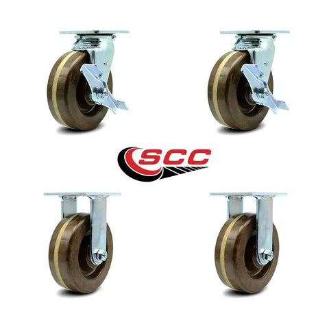 Heavy Duty High Temperature Phenolic Swivel Top Plate Caster Set Of 4 With 6 Inch Wheels Includes 2 Swivel With Brakes And 2 Rigid 4800 Lb Total Capacity