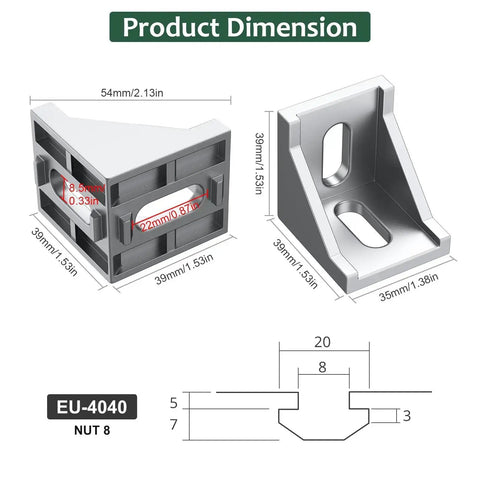 Detailed dimensions of 10 Pack 4040 Aluminum Extrusion Corner Brackets and 4080 Profile Connectors for DIY builds, showing size measurements.