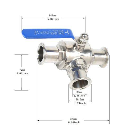 QiiMii 1.5 in tri-clamp sanitary ball valve, stainless steel 304, 3-way T-port, PTFE-lined, 1-1/2 in tube OD