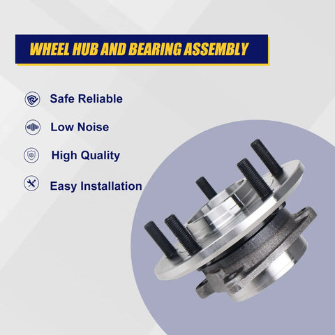 Front Wheel Bearing And Hub Assembly Two Piece Set For Dodge Journey 2009 2017 And Ram ProMaster 1500 2500 3500 Front 2014 2015 With 5 Lug Bolts And ABS Direct Fit Replacement showing product features.