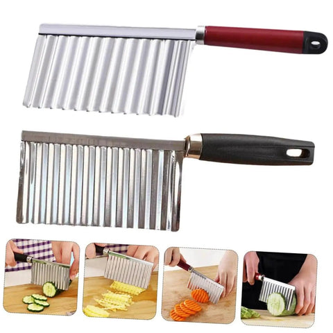 2 Pack Wavy Potato Cutter Set Showeroro With Ergonomic Handles for slicing potatoes, carrots, onions, and more, shown in use.