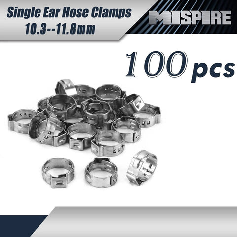MISPIRE 10.3-11.8mm single-ear hose clamps, 100 pcs, 304 stainless steel, crimp clamps in a pile