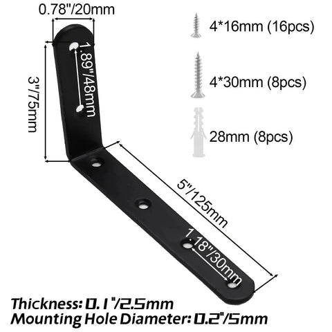 Diagram showing dimensions of Beefy Heavy Duty Stainless Steel L Brackets For Shelves, with screws and anchors, black finish.