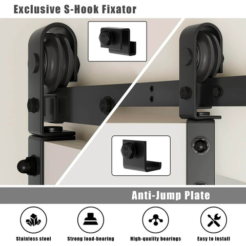 52 Inch Bi Folding Barn Door Hardware Kit For Two Doors With Low Ceiling Lite Roller System shown with S-hook fixator details.