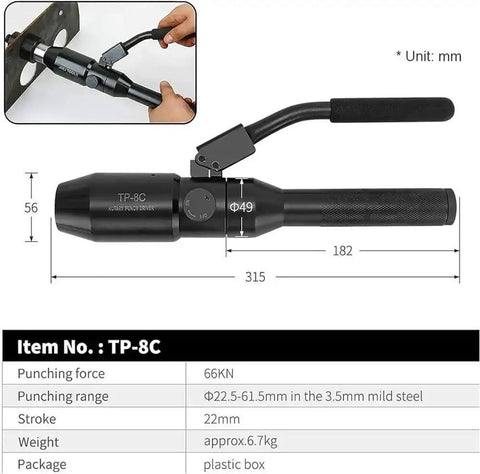 Knockout Punch Kit For Electrical Conduit 22.5mm To 61.5mm Hole Cutter Set with 6 dies, detail view showing measurements and usage