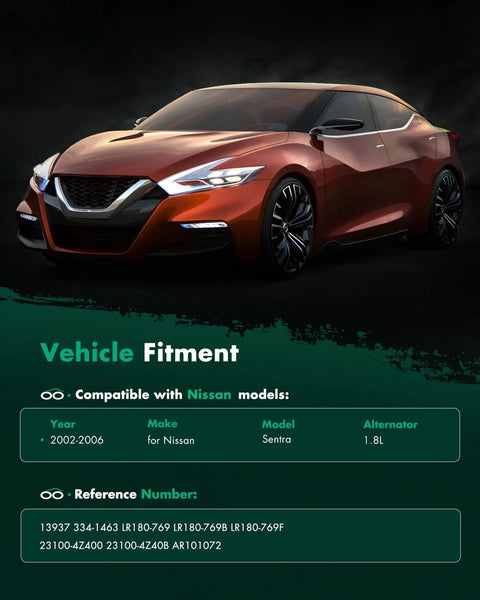Nissan Sentra vehicle fitment details for 2002-2006 model compatibility with alternator and reference numbers.