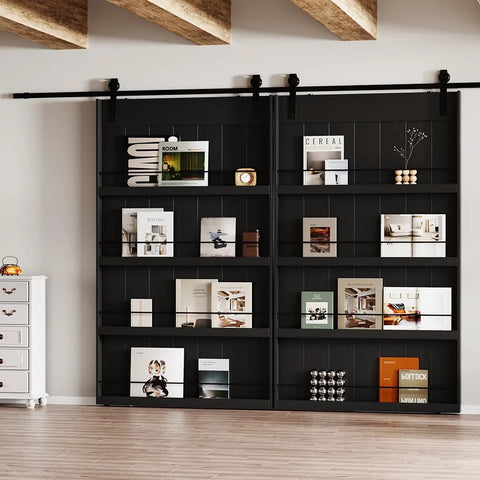 Front view of Two Panel 84 Inch Tall Sliding Barn Door With Shelf Style Look, 72 Inch Wide, 36x2 Configuration, Black Finish installed.