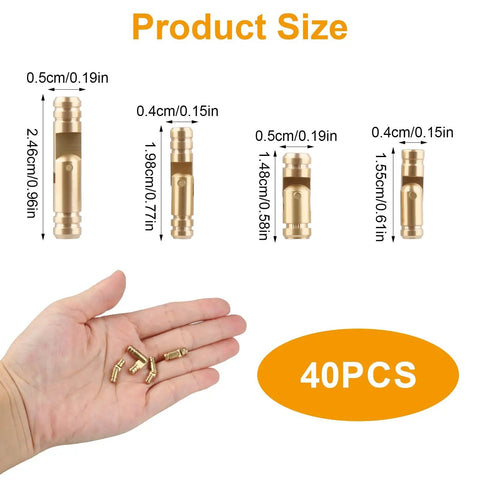 Different sizes of 40 Pcs Mini Brass Barrel Hinges For Wooden Boxes shown on a hand, with dimensions in inches.