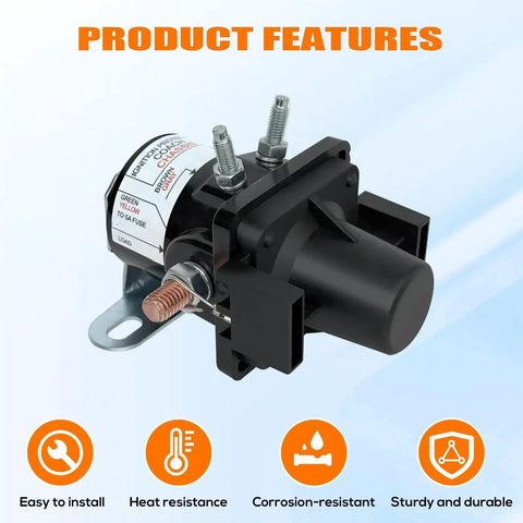 Battery Disconnect Relay 12V 100A Magnetic Latching With Fuses for RV and Marine Use, side view showcasing product features.