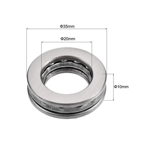 Thrust ball bearing, chrome steel, 20mm bore, 35mm outer diameter, 10mm width.