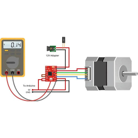 A4988 stepper motor driver module with heatsink, connected to Arduino and 12V supply driving a stepper motor